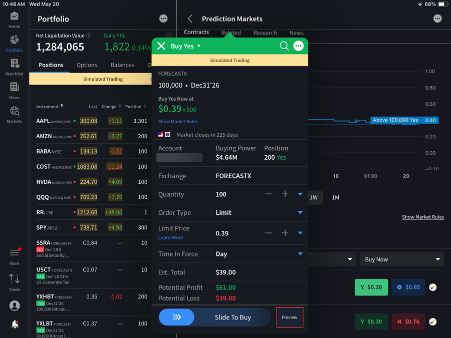 The IBKR ForecastTrader order ticket on the iPad